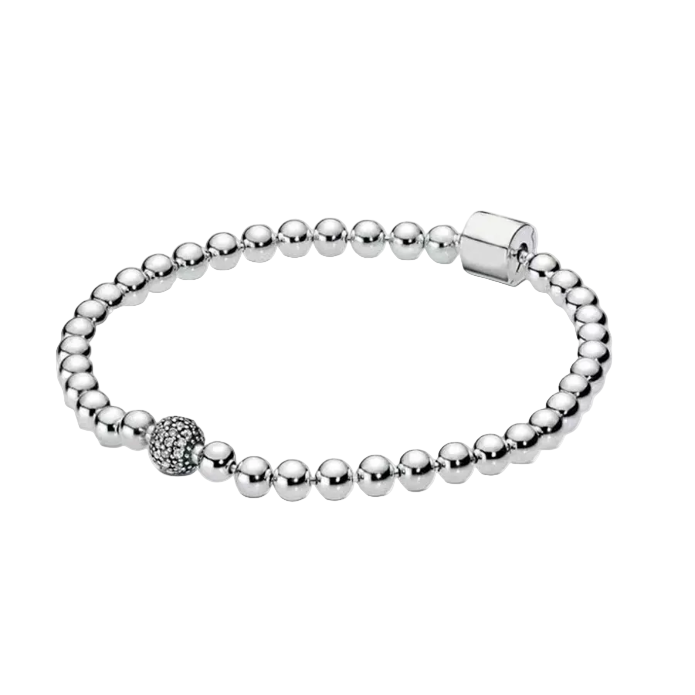 Silver beaded bracelet with a clasp on a white background