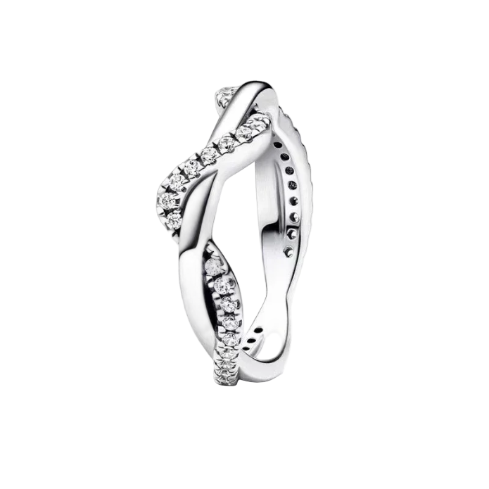 Silver ring with diamond accents on a white background