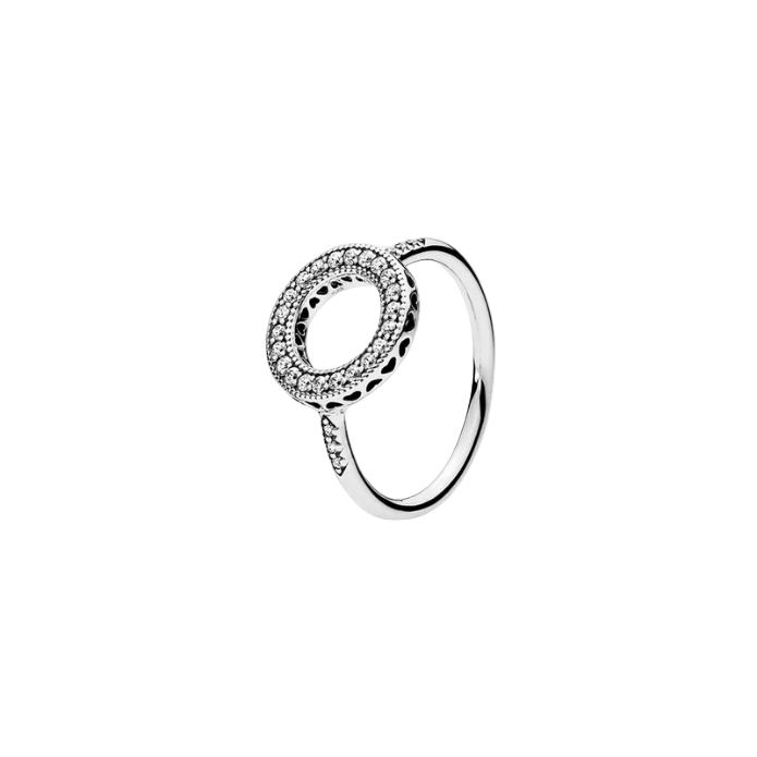 Silver ring with diamond accents on a white background