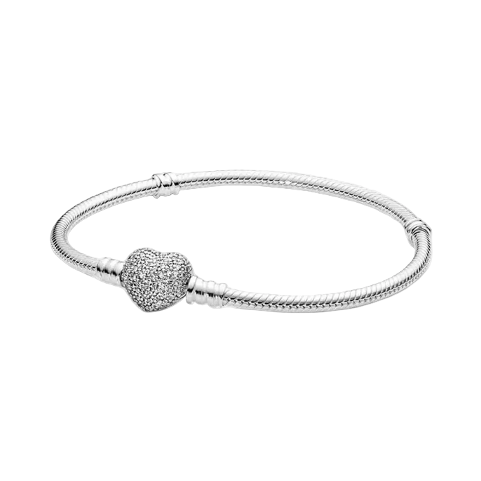 Silver bracelet with a heart-shaped clasp on a white background, 