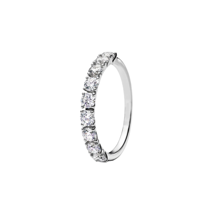 Silver ring with embedded diamonds on a white background