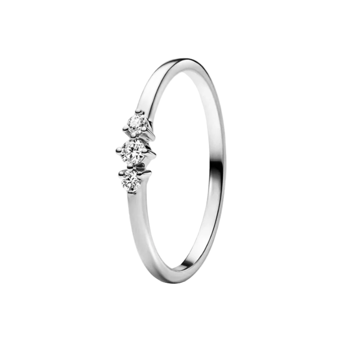 Silver ring with three diamonds on a white background