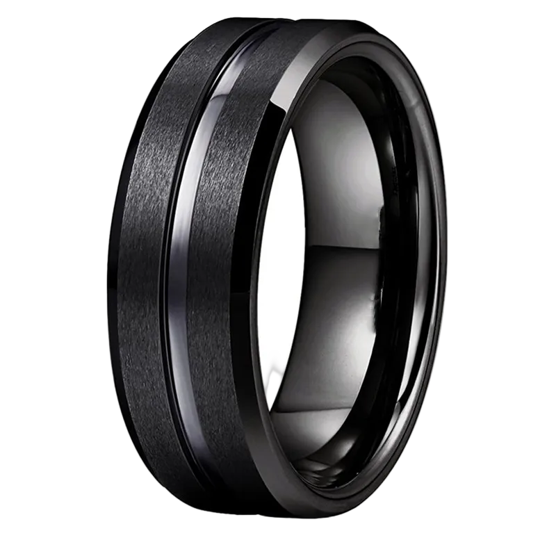 Black tungsten wedding band on a white background