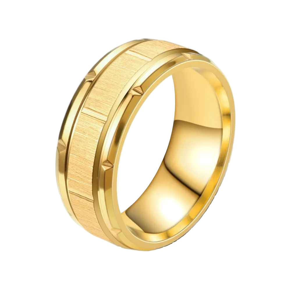 Gold ring with a textured band on a white background