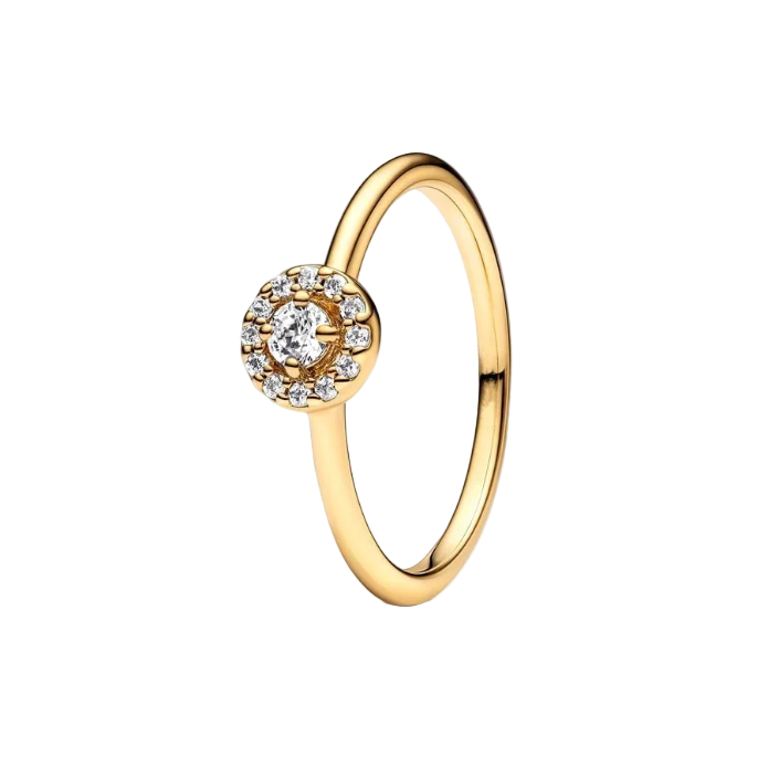 Gold ring with a diamond on a white background