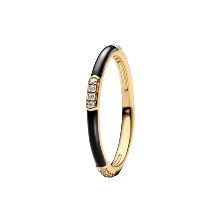 Gold and black ring with embedded diamonds on a white background