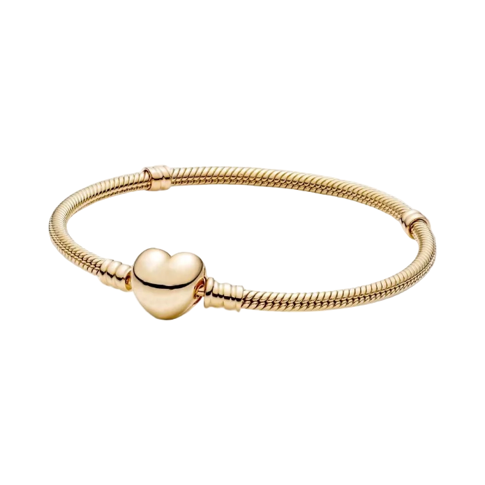 Gold bracelet with a heart-shaped clasp on a white background