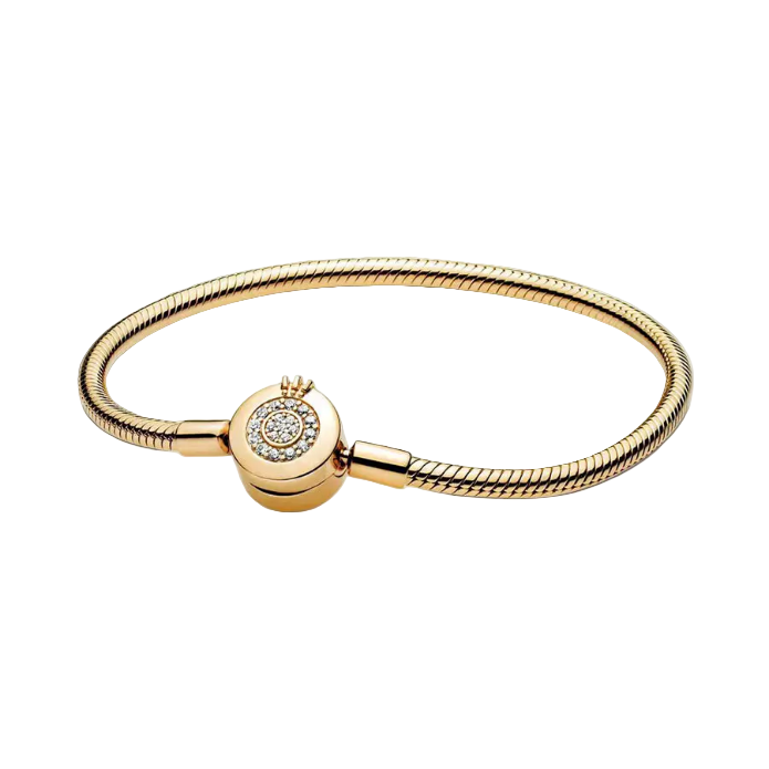 Gold bracelet with a round charm on a white background.