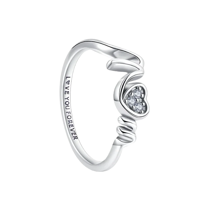 Silver ring with heart design and 'Love You Forever' engraving on a white background.