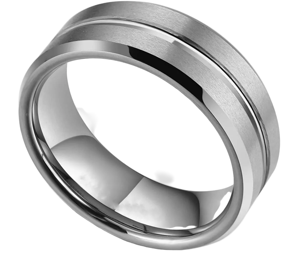 Silver ring with a brushed finish on a white background