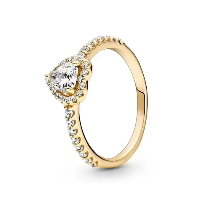 Gold ring with a diamond on a white background