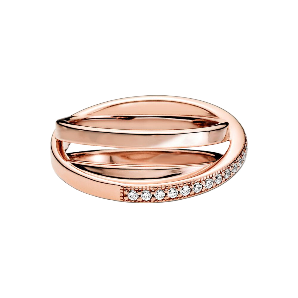 Rose gold ring with diamond accents on a white background