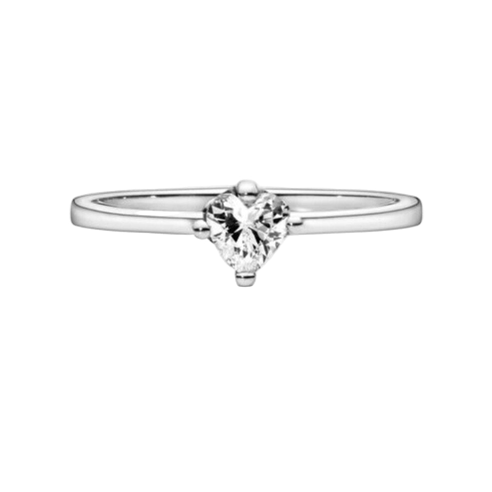Silver ring with a heart-shaped diamond on a white background