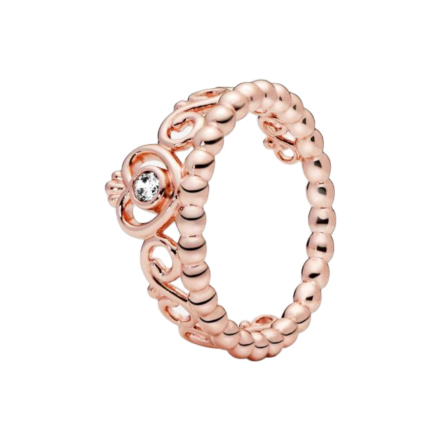 Rose gold ring with a diamond on a white background