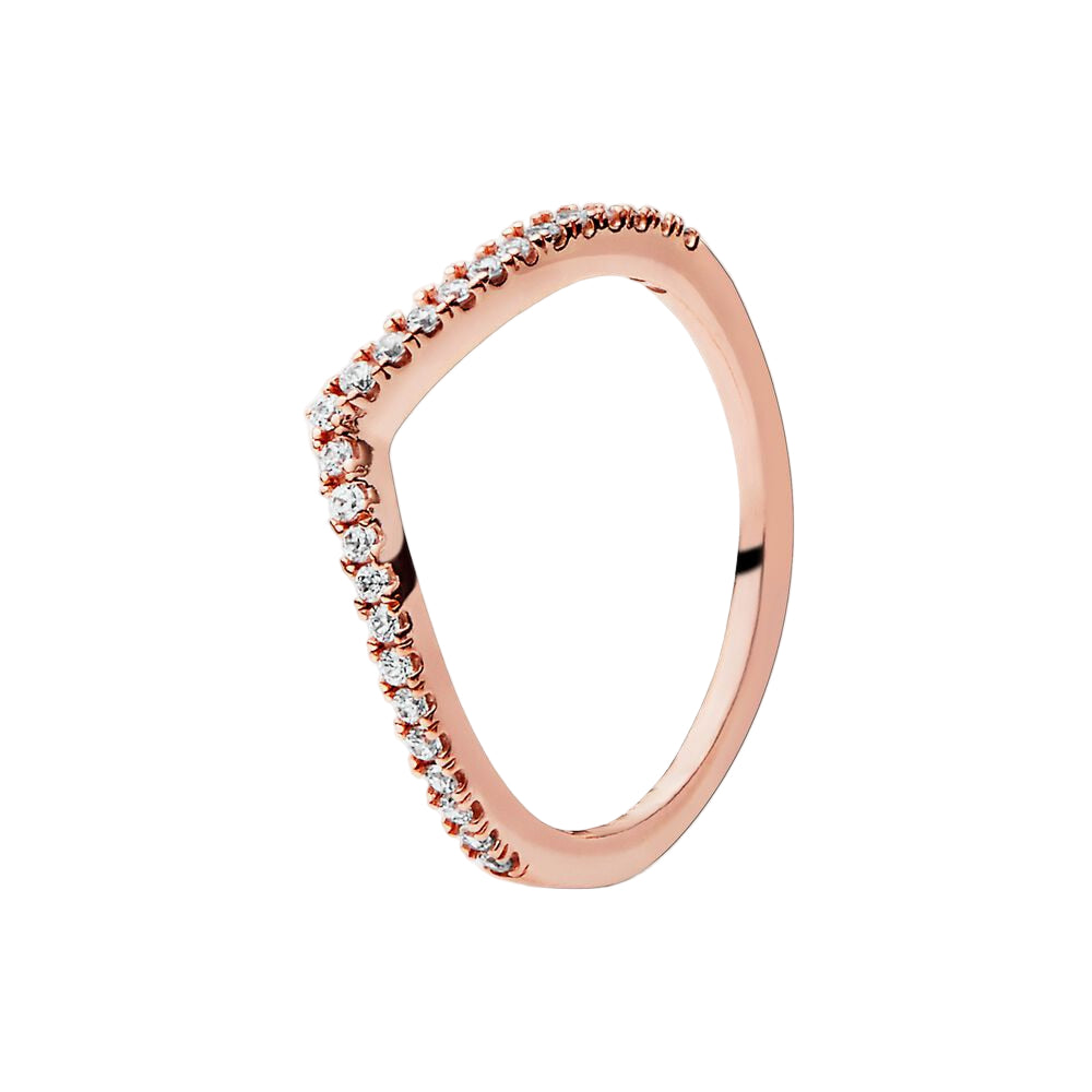 Rose gold ring with small diamonds on a white background