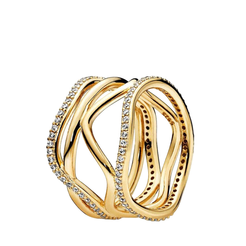 Gold ring with interlocking design and embedded stones on a white background
